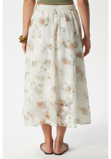 Kadın Rosary Astarlı Bel Lastikli Çiçek Desenli Etek Krem