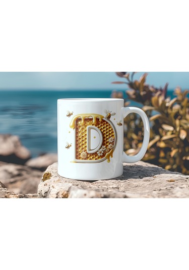 D Harfi Bal Arısı Tasarım Kupa Bardak - Bal Ve Petek Desenli Kişiye Özel Kahve Kupası - Hediyelik Beyaz