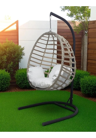 Armut Salıncak Tek Kişilik Rattan Örgü Bahçe Balkon Ev Salıncağı Bej
