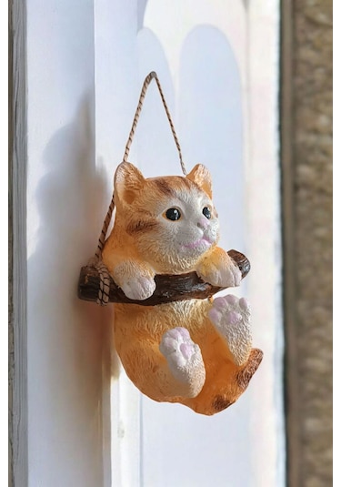 1 Adet Dekoratif Sallanan Duvar Ve Bahçe Süsü Kedi Sarı-beyaz