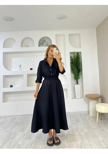 Ahes Shopping Kadın Keten Kumaş Gömlek Ve Etek Ikili Takim Siyah