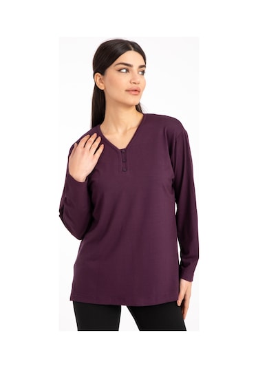 Kadın Orta Yaş ve Üzeri Dört Mevsim V Yaka Rahat Kalıp Likralı Viskoz Anne Penye Bluz 140-Mürdüm