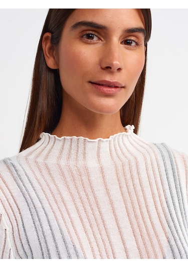 Dilvin Dik Yaka Fitilli Transparan Kazak Ekru