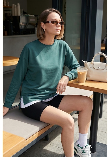 Lela Streç Oversize Fit Bisiklet Yaka Modal Kumaş Bayan Sweat 5865877 Nefti