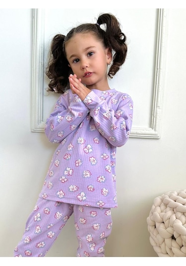 Kız Çocuk Fitilli Kumaş Çiçek Desenli Pijama Takımı Esnek Kumaş Yeni Sezon Mor Renk Mor