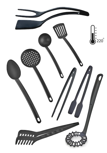 9 Parça Yanmaz Yapışmaz Teflon Kaplama Servis Seti Kepçe Kevgir Spatula Kaşık Plastik Servis Takımı