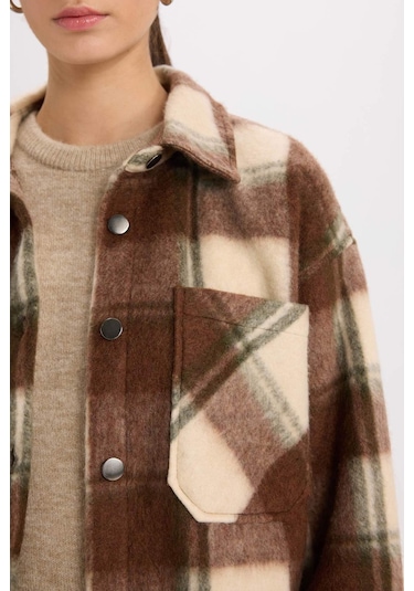 DeFacto Oversize Geniş Kalıp Kareli Flanel Uzun Kollu Gömlek E0572AX24WNBN333 Kahve