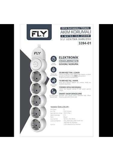 Fly 3394-01, 5 Soket, Akım Korumalı Priz, 2.1a, Anahtarlı, 2mt Kablo, Beyaz