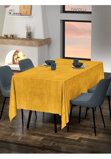 Kadife Dokulu Safran Renk Masa Örtüsü Safran
