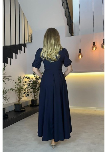 G0505 Kruvaze Yaka Kuşaklı Asimetrik Elbise Lacivert-lacivert