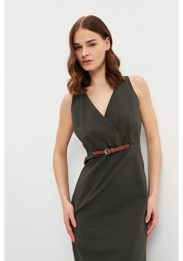 Stella Pulvis Haki Kemerli Kruvaze Midi Elbise