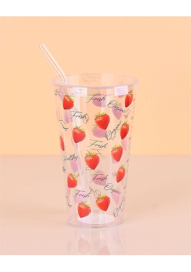 Desenli Plastik Pipetli Bardak 16 Cm 1 Adet Royaleks-enf-040