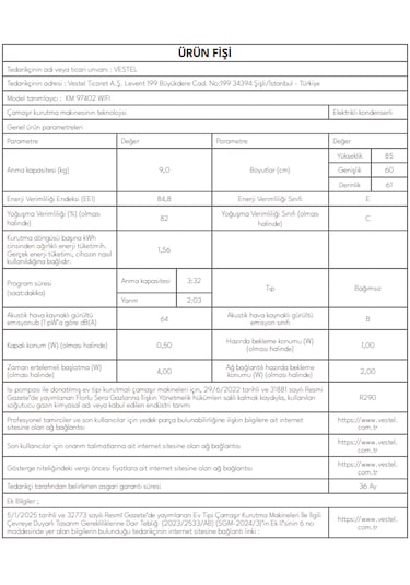 Vestel KM 97402 WIFI 9 KG Kurutma Makinesi