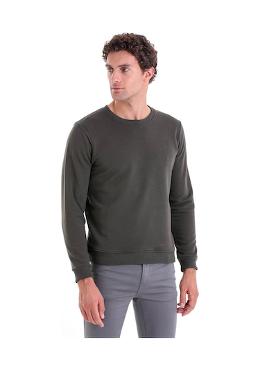 Hatemoğlu Haki Regular Fit Düz Pamuklu Bisiklet Yaka Sweatshirt Haki