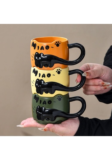 Suofeng Kedi Desenli Seramik Kupa Seti 380ml, Mikrodalga Güvenli, Kahve/süt İçin, Sarı, Ev Kullanıma Uygun Sarı