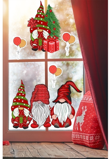 Yılbaşı Cüceler Ve Balonlar Pencere Sticker Yılbaşı Sevimli Cüceler Sticker