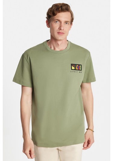 Relax Fit Rahat Kesim Pamuklu Ön Ve Arka Baskı Ve Nakış Detaylı Bisiklet Yaka Haki Tişört-34891 Haki