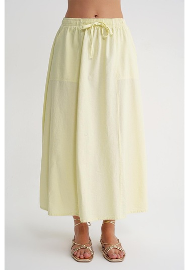 4633 Kadın Yandan Cepli Parçalı Etek Sarı Sarı