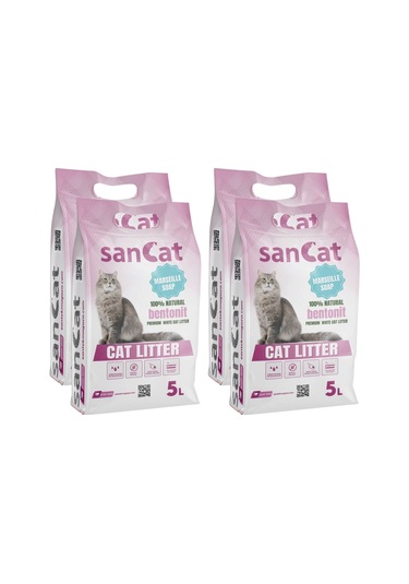 Sancat Premium Marsilya Sabun Kokulu Topaklaşan Beyaz Bentonit Kedi Kumu 4 x 5 L