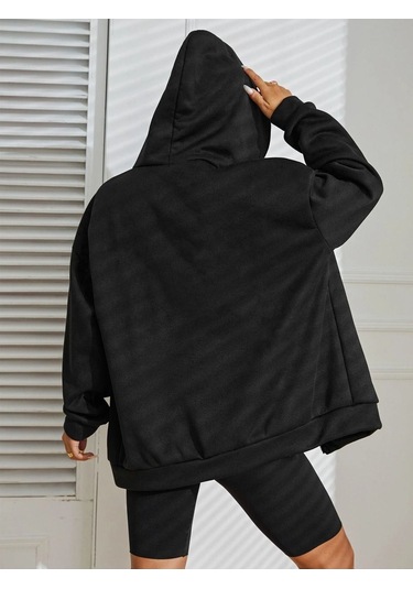 Basic Düz Hırka -siyah Oversize Kapüşonlu Siyah