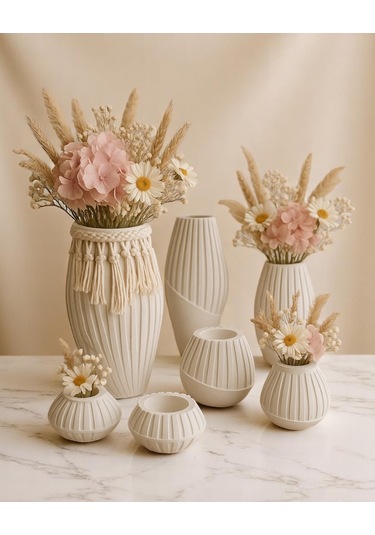 4 Lü Çizgili Dekoratif Vazo Seti El Yapımı Özgün Tasarım Beyaz