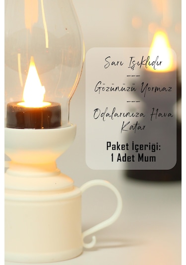 Led Mum Vintage Retro Gaz Lambası Tip Dumansız Pilli Alevli Dekoratif Yapay Mum Işıldak Beyaz 1037-5 Beyaz