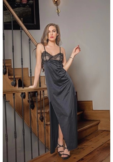 Dantelli Uzun Yırtmaçlı Saten Gecelik Elbise String Takım Siyah Mgp31512 Siyah