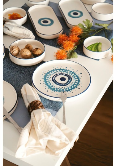 Kevin Seramik 14 Parça 6 Kişilik Nazar Boncuklu Stackable Kahvaltı Takımı&Lüx Sunum Tabakları Mavi Beyaz