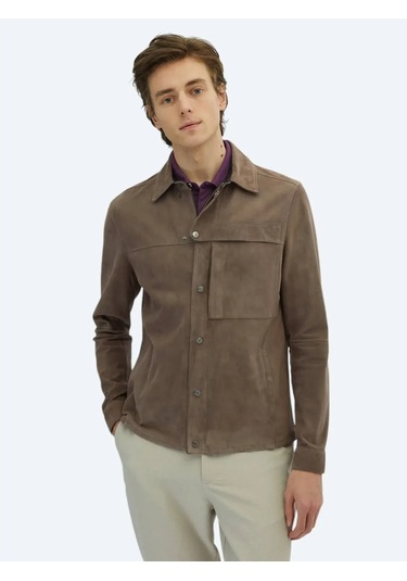 Vizon Gömlek Yaka Smart Casual Deri Mont Vizon