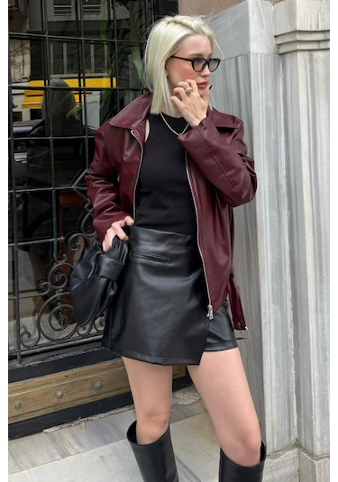 Siyah Kadın Deri Şort Etek Mg2521 Siyah