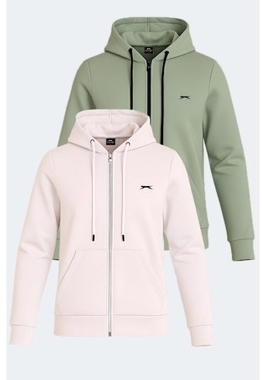 Slazenger Katya 2 Li Set Kadın Fermuarlı Kapüşonlu Cepli Sweatshırt Ekru - Yeşil