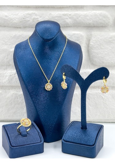 Üç Renkli Dorika Kadın Gümüş Set Takımı - Kolye Seti Gümüş