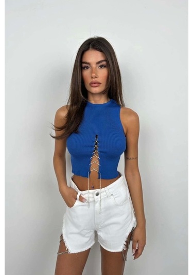 Taş Detay Dekolteli Crop Bluz Saks