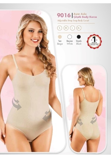 9016 Ayar Askılı Çıtçıtlı Body Korse - M, Beyaz Beyaz