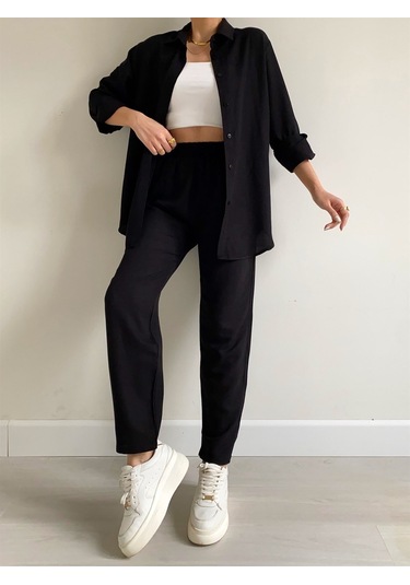 Barbora Keten Günlük İkili Takım Elbise Pantolon Gömlek Ln21siyah5 001