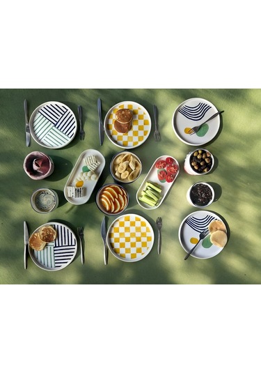 Kevin Seramik Modern Hand Made 14 Parça 6 Kişilik Lüxs Kahvaltılık Sunum Tabağı Beyaz - Yeşil