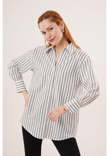 Çift Çizgi Geçişli Düğmeli Gri Gömlek Karışık Çok Renkli