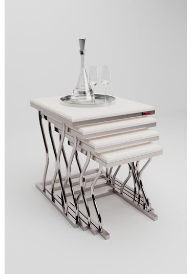 Arden Elite 4'lü Kare Zigon Sehpa Seti Gümüş Krom Ayak, Krem Mdf Beyaz