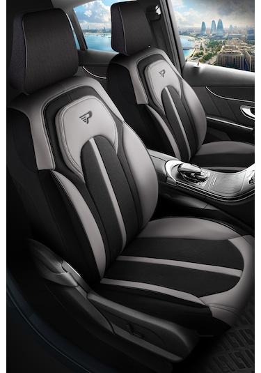 Siyah - Gri Garni Panda Sevılla Serısı Keten Kumaş Oto Koltuk Kılıfı - Tam Set