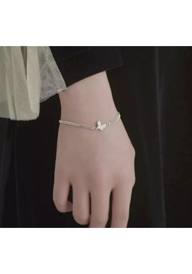 925 Ayar Gümüş Kristal Tasli Çift Sıra Zincirli Kelebek Bileklik