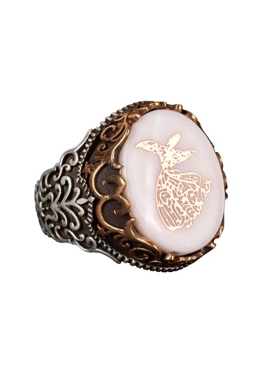 Doğal İnci Taşlı Yüzük, Mevlevi İslami Gümüş Yüzük, 925 Ayar Gümüş Erkek Yüzük Gümüş