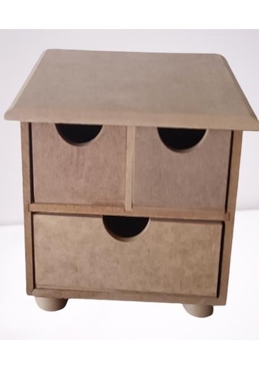 Hobi Adn Dekoratif Makyaj Kutusu 3 Çekmece Ahşap Mdf Ham El Yapım Açık Kahverengi