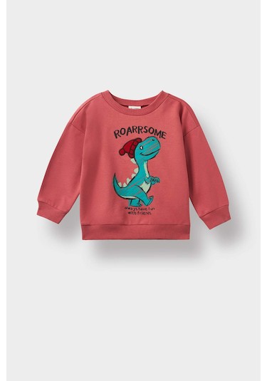 Defacto Erkek Bebek Bisiklet Yaka Dinozor Baskılı İçi Yumuşak Tüylü Sweatshirt F4531a525aubr116 Bordo