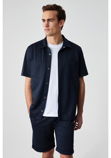 GRIMELANGE Melos Erkek Kısa Kollu Cepli Çıtçıtlı Relaxed Fit Lacivert Gömlek Lacivert