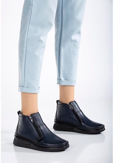 Hakiki Deri Ortopedik Kadın Bot Lacivert 2 Fermuarlı Dolgu Tabanlı-3297 Lacivert