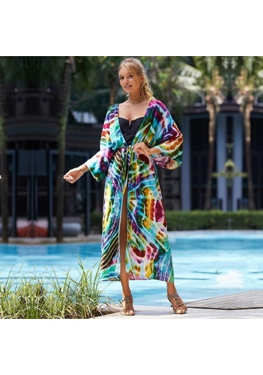 Edolynsa Yeşil Leopar Desenli Mayo Cover-up Vintage Şerit Kendinden Kemerli Kadın Yaz Uzun Kimono Elbise Plaj Bikini Cover-up Q1521 Mor