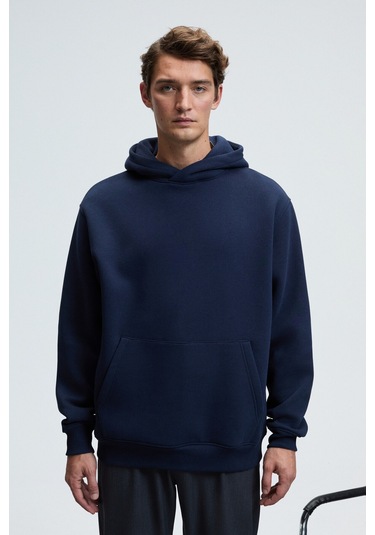 AMOS Erkek Yumuşak Kumaşlı 3 İplik Oversize Kapüşonlu Kanguru Cepli Lacivert Sweatshirt