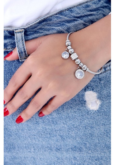 Kadın Gümüş Renk Taşlı Çelik Bileklik Altın Kaplama