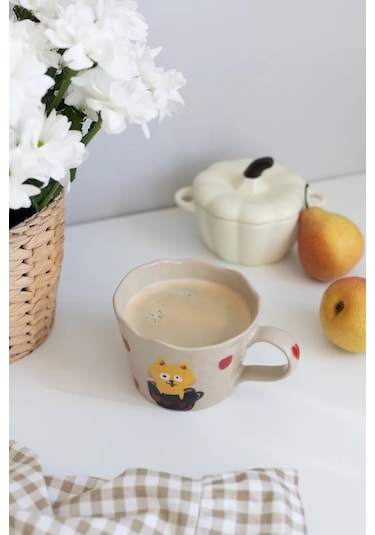 Perex Kedi Figürlü Kupa, Seramik Kupa, Kalp Desenli Kupa 312703845 Bej