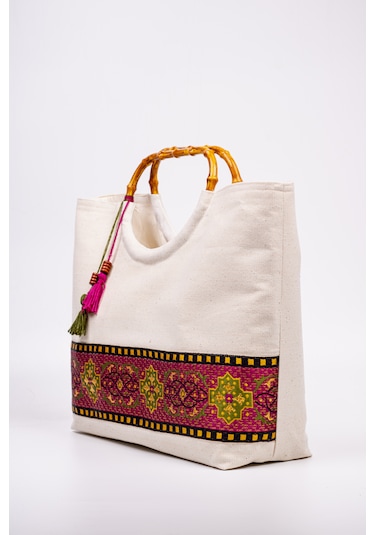 Fabric Craft Bag El Çantası Kanvas Etnik Dokuma Bordürlü Beyaz